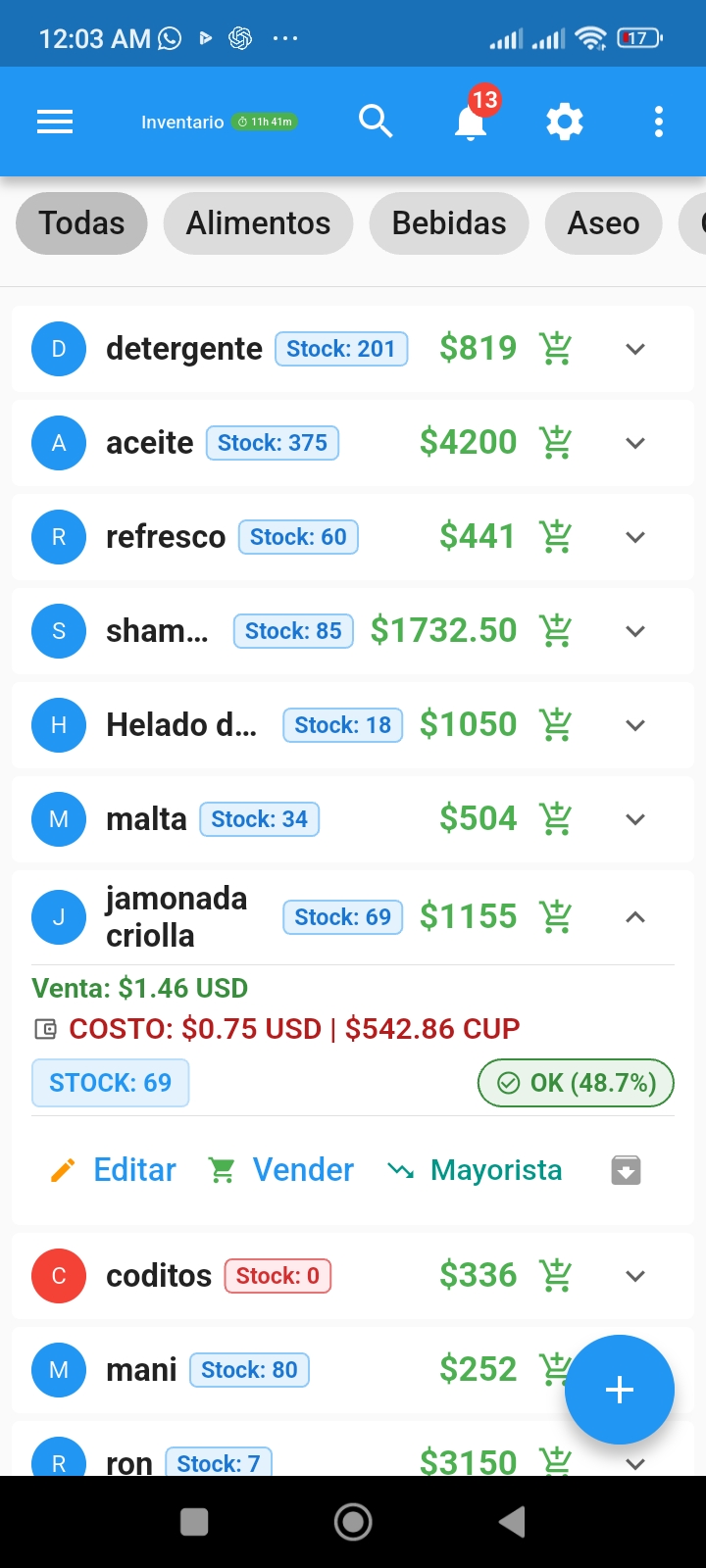 Pantalla de inventario de MiTienda